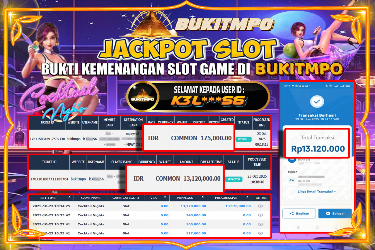 BUKITMPO JACKPOT COCKTAIL NIGHTS  - PG SOFT Rp.13.120.000,- LUNAS